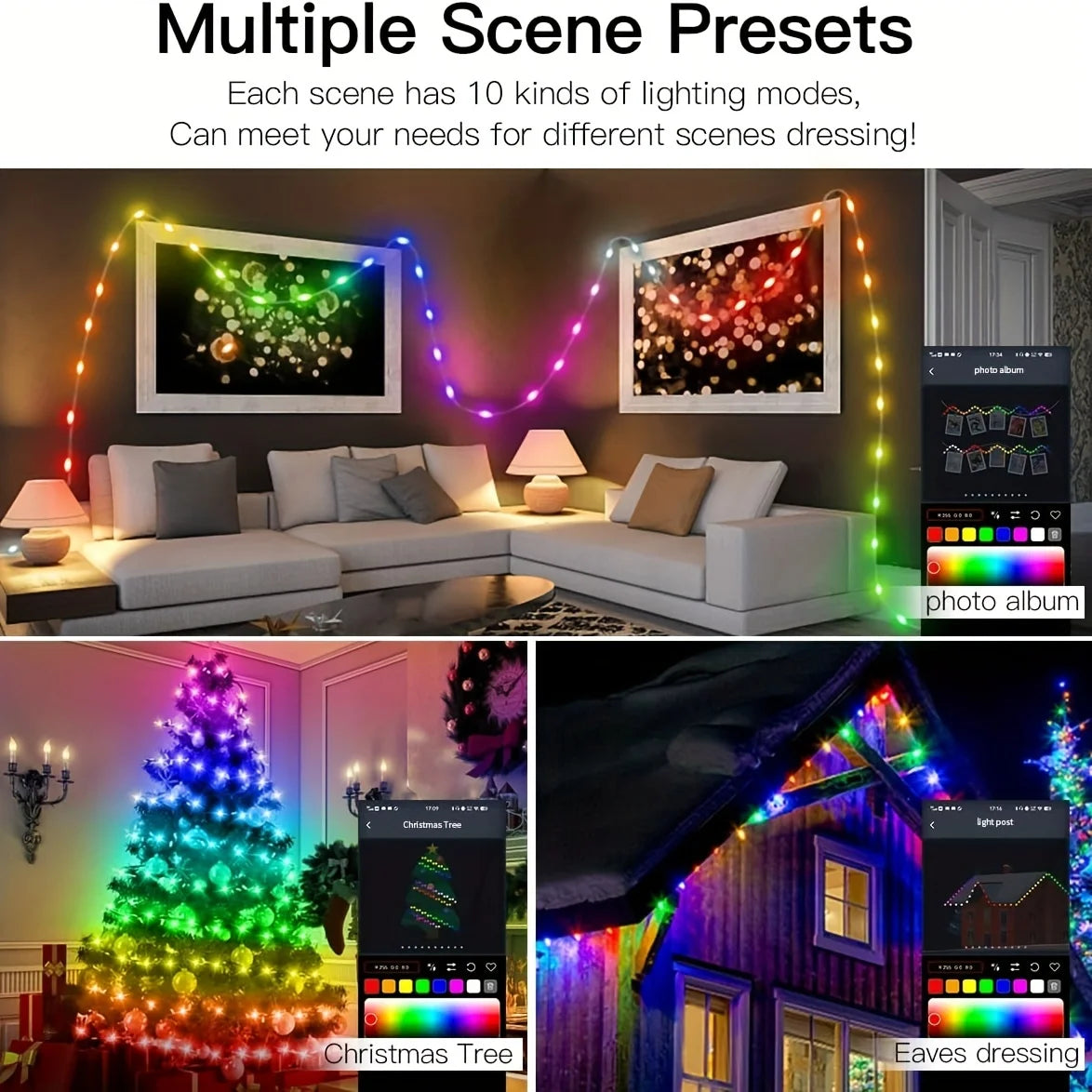 Varal de luzes LED RGB-IC inteligente (5V, via USB) – Decoração natalina, tipo "fada", endereçável (WS2812), com controle via aplicativo (Bluetooth) e controle remoto.