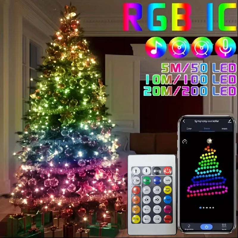 Varal de luzes LED RGB-IC inteligente (5V, via USB) – Decoração natalina, tipo "fada", endereçável (WS2812), com controle via aplicativo (Bluetooth) e controle remoto.