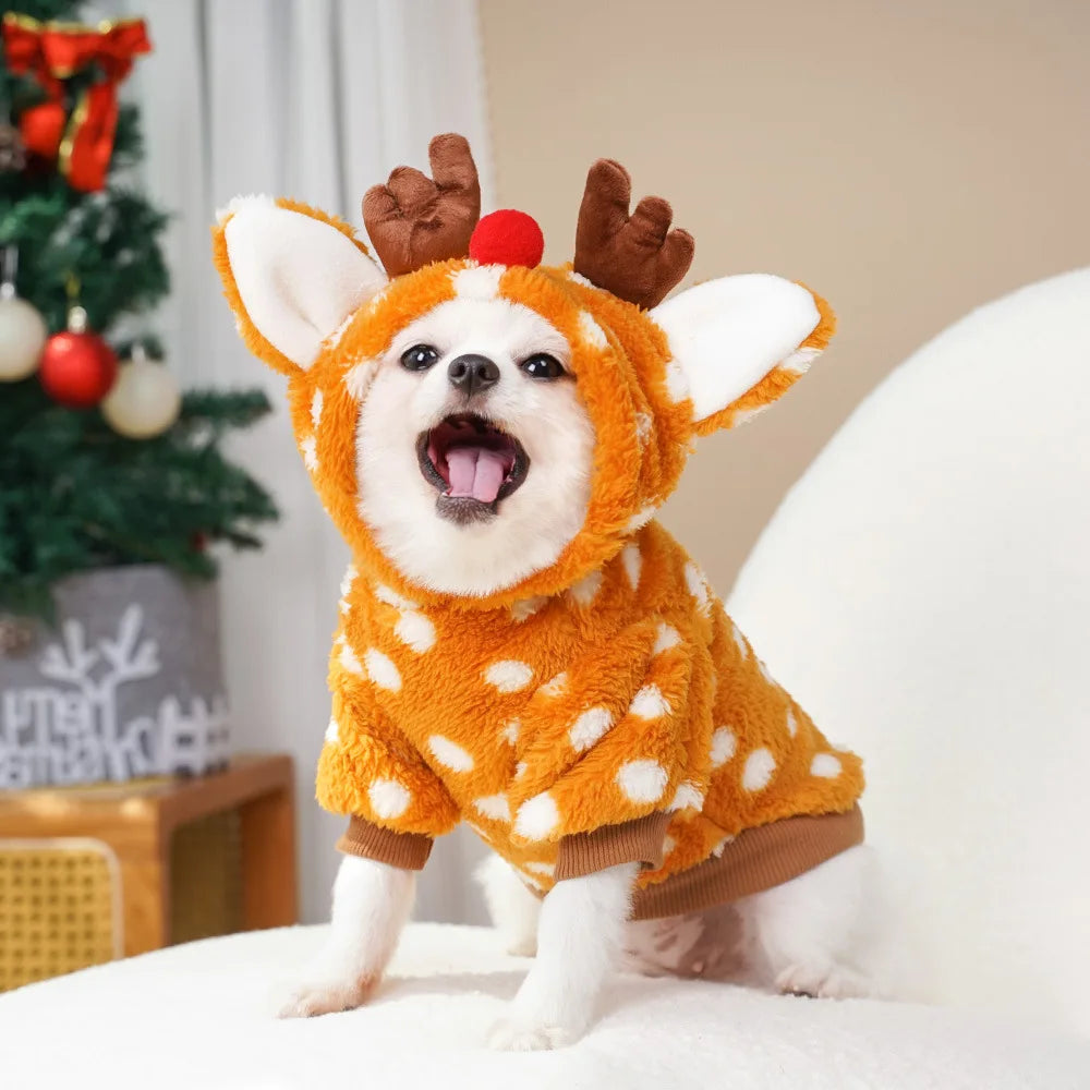 Pet dog and cat Christmas costume reindeer autumn and winter fleece medium-sized dog and cat supplies transformation outfit