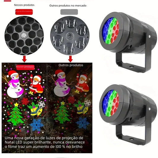 projetor de luz natalina com efeito de flocos de neve, 16 padrões, à prova d'água, giratório, luzes LED para decoração de Natal