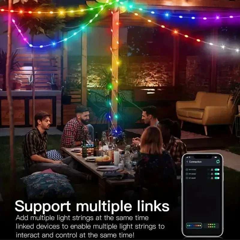 Varal de luzes LED RGB-IC inteligente (5V, via USB) – Decoração natalina, tipo "fada", endereçável (WS2812), com controle via aplicativo (Bluetooth) e controle remoto.