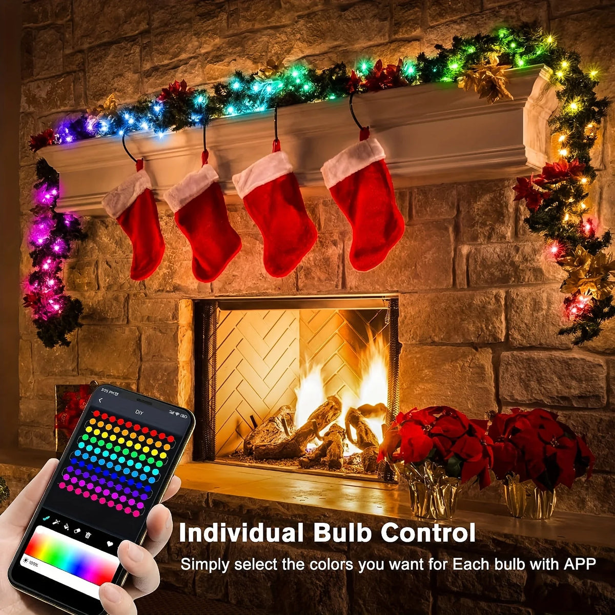 Varal de luzes LED RGB-IC inteligente (5V, via USB) – Decoração natalina, tipo "fada", endereçável (WS2812), com controle via aplicativo (Bluetooth) e controle remoto.
