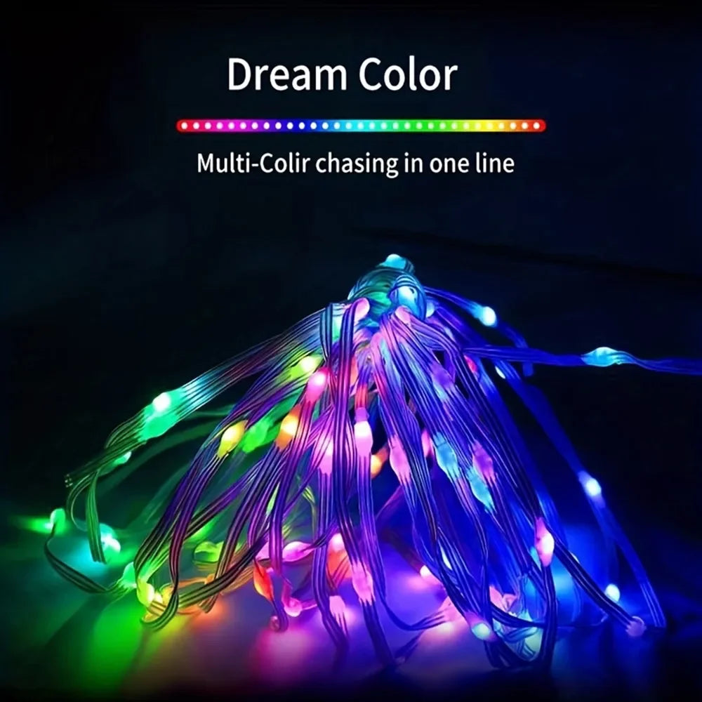 Varal de luzes LED RGB-IC inteligente (5V, via USB) – Decoração natalina, tipo "fada", endereçável (WS2812), com controle via aplicativo (Bluetooth) e controle remoto.
