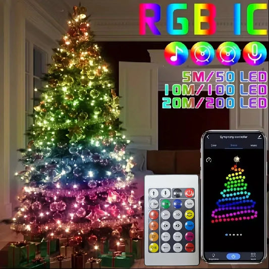 Varal de luzes LED RGB-IC inteligente (5V, via USB) – Decoração natalina, tipo "fada", endereçável (WS2812), com controle via aplicativo (Bluetooth) e controle remoto.
